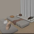 Minimalist Modern Rest Space With Light Daybeds Decorative Cushions Herringbone Wooden Floor And Sheer Curtains