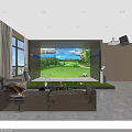 Clubhouse Interior With Indoor Golf Simulator Green Putting Mat And Golf Clubs