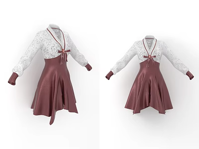 Women's White Lace Top Burgundy Skirt Dress With Bow Tie And Asymmetrical Hem 3d model