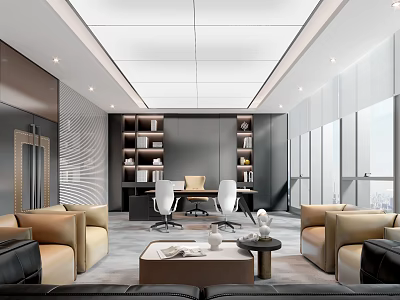 Modern Office Interior With Beige Sofas Wooden Desk Swivel Chairs Bookshelves And Large Windows 3d model