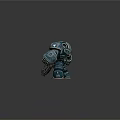 Smart Robot With Heavy Metallic Armor Glowing Orange Head Holding Blaster Gun