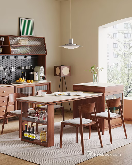 Modern Wooden Dining Table Set With Chairs Vase Flowers And Natural Light 3d model 