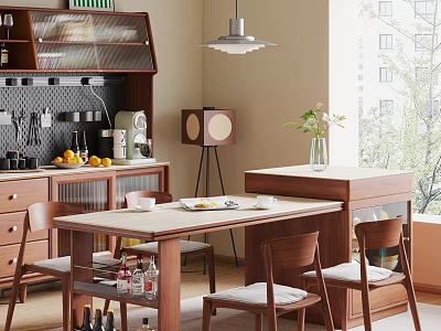 Modern Wooden Dining Table Set With Chairs Vase Flowers And Natural Light 3d model