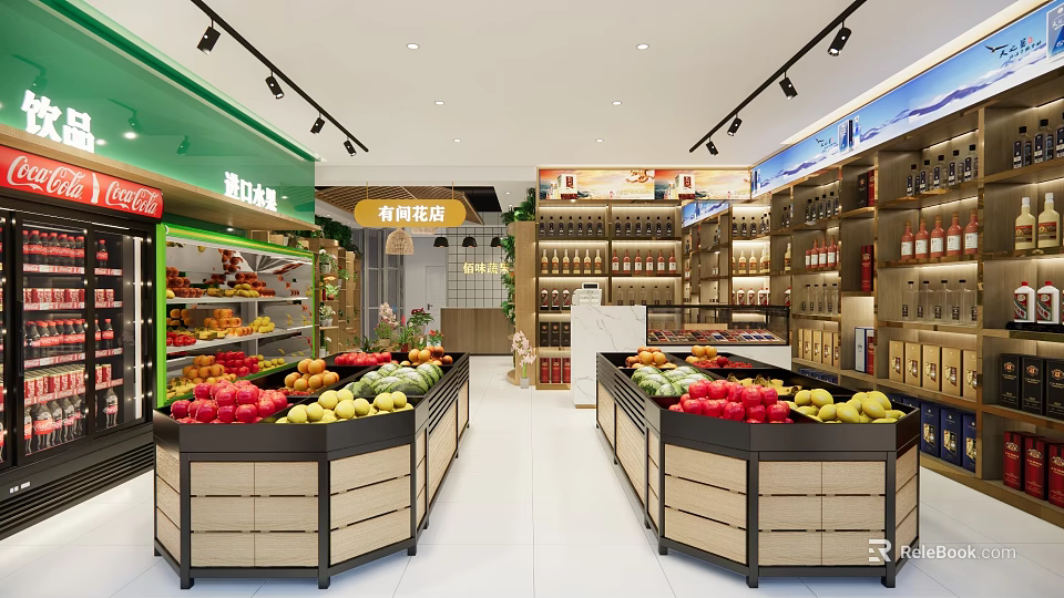 Tobacco and Liquor Store Interior With Fresh Fruit Displays And Wine Bottle Shelves 3d model 