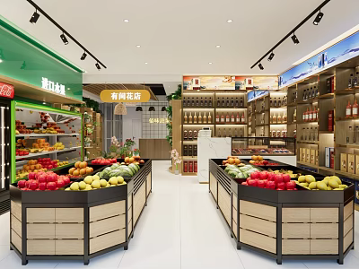 Tobacco and Liquor Store Interior With Fresh Fruit Displays And Wine Bottle Shelves 3d model
