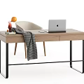 Wooden Desk With Black Metal Legs Laptop Gray Striped Scarf Orange Ball And Decorative Items