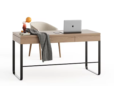 Wooden Desk With Black Metal Legs Laptop Gray Striped Scarf Orange Ball And Decorative Items 3d model