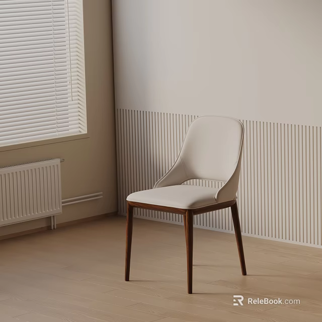 Light Upholstered Dining Chair With Dark Wooden Legs Window Blinds Textured Wall And Wooden Floor 3d model 