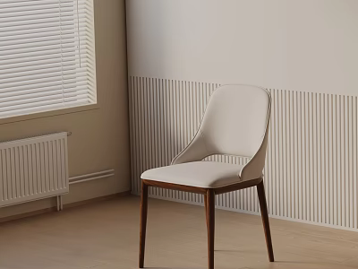 Light Upholstered Dining Chair With Dark Wooden Legs Window Blinds Textured Wall And Wooden Floor 3d model
