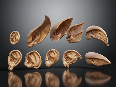 Golden Human Ear Models In Various Shapes With Glossy Surface And Black Background Reflections 3d model