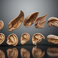 Golden Human Ear Models In Various Shapes With Glossy Surface And Black Background Reflections