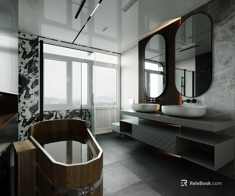 Modern Bathroom Interior Design With Wooden Bathtub Double Sinks Round Mirrors And Marble Walls 3d model 