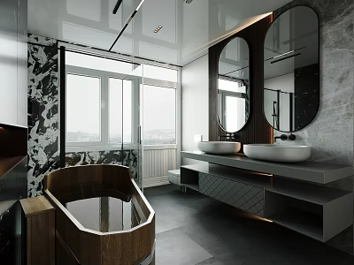 Modern Bathroom Interior Design With Wooden Bathtub Double Sinks Round Mirrors And Marble Walls 3d model