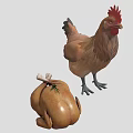 Standing Rooster With Red Comb And Roasted Chicken With Bone And Rosemary