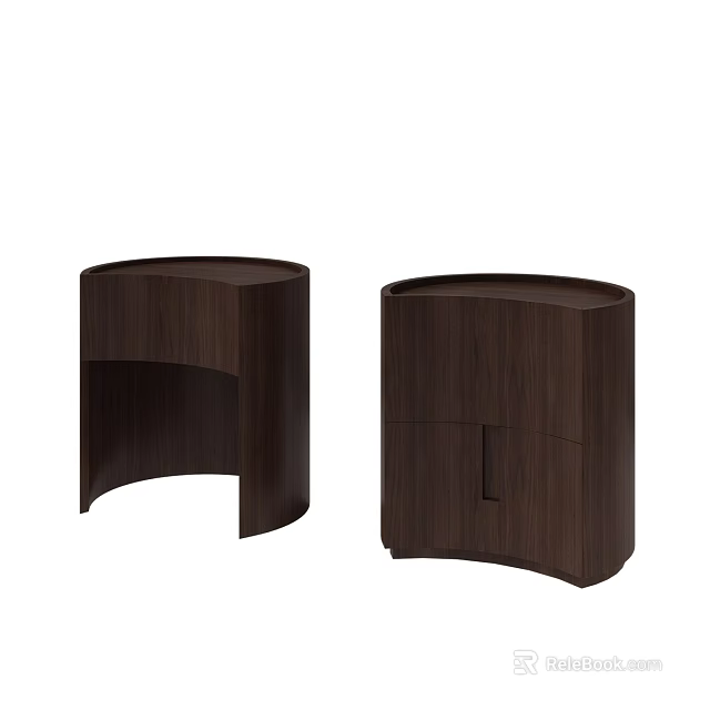 Modern Wooden Bedside Tables Set of Two With Curved Design And Drawer Storage 3d model 