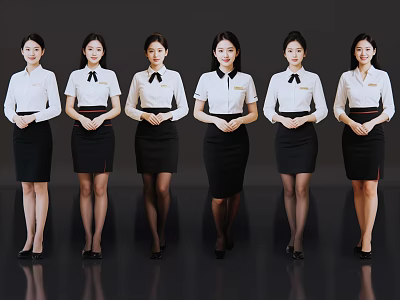 Women in Uniforms Standing Neatly with White Shirts Black Skirts on Dark Background 3d model