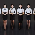 Women in Uniforms Standing Neatly with White Shirts Black Skirts on Dark Background