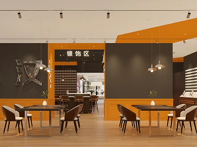 Modern Shopping Mall Silver Jewelry Store With Orange Black Walls Wooden Tables And Hanging Lights 3d model