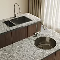 Elegant Kitchen Sink with Granite Countertop Modern Faucet Dark Wooden Cabinets and Curtains