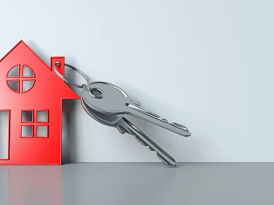 Red House Shaped Jewelry Pendant With Silver Key Charm And Gray Background 3d model Red House Shaped Jewelry Pendant With Silver Key Charm And Gray Background 3d model