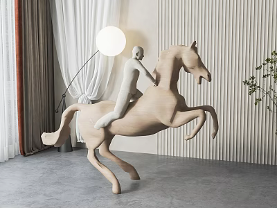 Hand Carved Wooden Horse Rider Sculpture In Leaping Pose With Modern Interior Decor 3d model