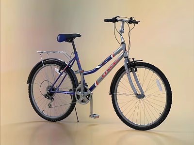City Bicycle With Silver Frame Blue Seat Rear Rack And Black Tires 3d model