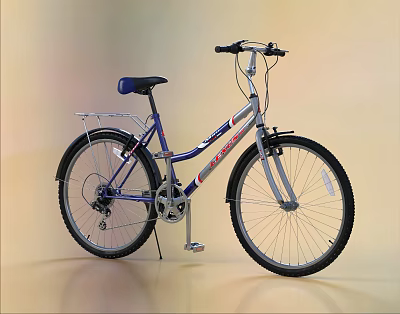 City Bicycle With Silver Frame Blue Seat Rear Rack And Black Tires 3d model