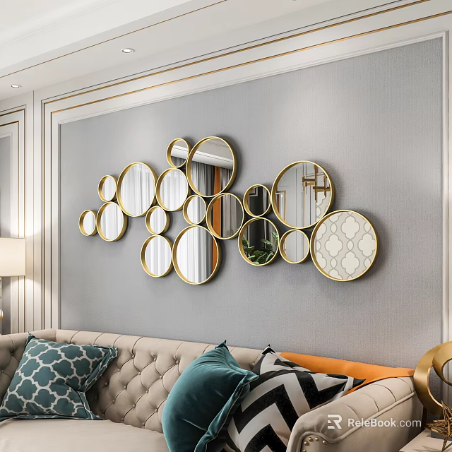 Circular Mirrors with Gold Frames as Modern Living Room Wall Decor 3d model