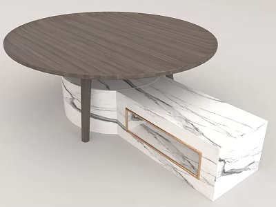 Modern Round Wooden Top Coffee Table With White Marble Base And Sleek Design 3d model