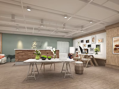 Modern Shop Reception Desk Interior With Wooden Counter Plants And Wall Paintings 3d model