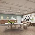 Modern Shop Reception Desk Interior With Wooden Counter Plants And Wall Paintings