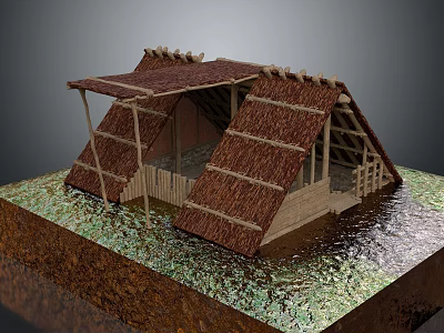 Traditional Thatched Roof Building With Wooden Frame And Open Structure On Water 3d model