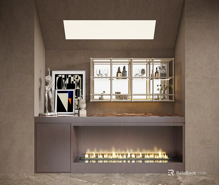 Modern Wine Cabinet With Glass Doors Holding Wine Bottles And Glasses By Fireplace 3d model 