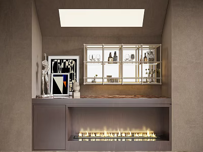 Modern Wine Cabinet With Glass Doors Holding Wine Bottles And Glasses By Fireplace 3d model