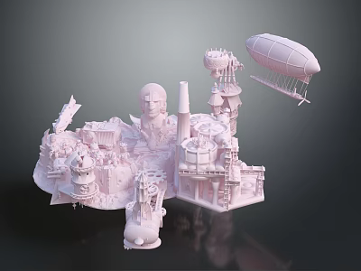 Pink Fantasy Architecture 3D Model Featuring Towers Airship Mechanical Structures And Miniature Design 3d model