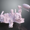 Pink Fantasy Architecture 3D Model Featuring Towers Airship Mechanical Structures And Miniature Design