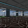 Modern Billiard Room Interior With Multiple Green Tables Ceiling Lights And Geometric Flooring 3d model