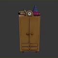Wooden Wardrobe With Stacked Books Alarm Clock Table Lamp And Pink Decor