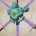 Mythical Creature Head Hanging Decor With Blue Green Yellow Accents And Crossed Swords