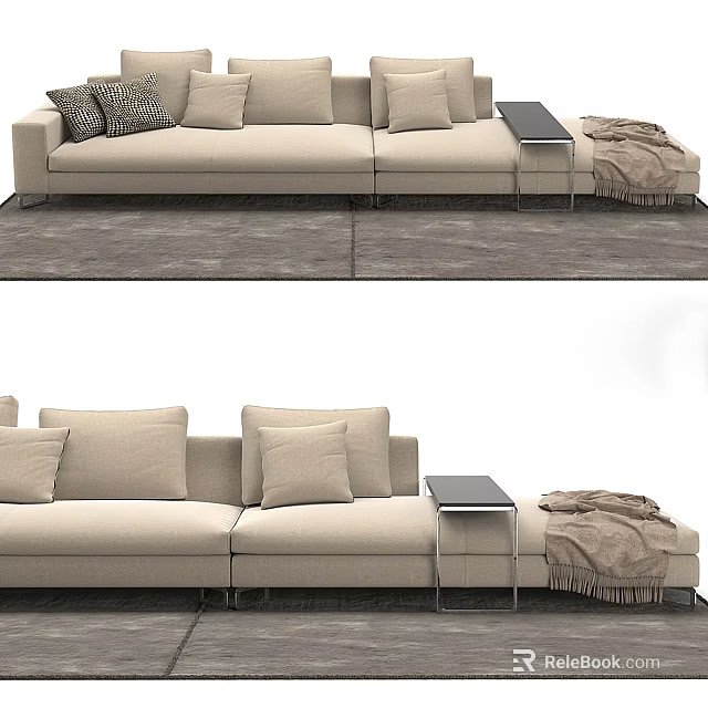 Modern Beige Sectional Sofa With Pillows Side Table And Throw Blanket 3d model