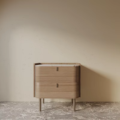 Minimalist Wooden Bedside Table With Two Drawers And Metal Legs Against Light-Colored Wall And Floor 3d model
