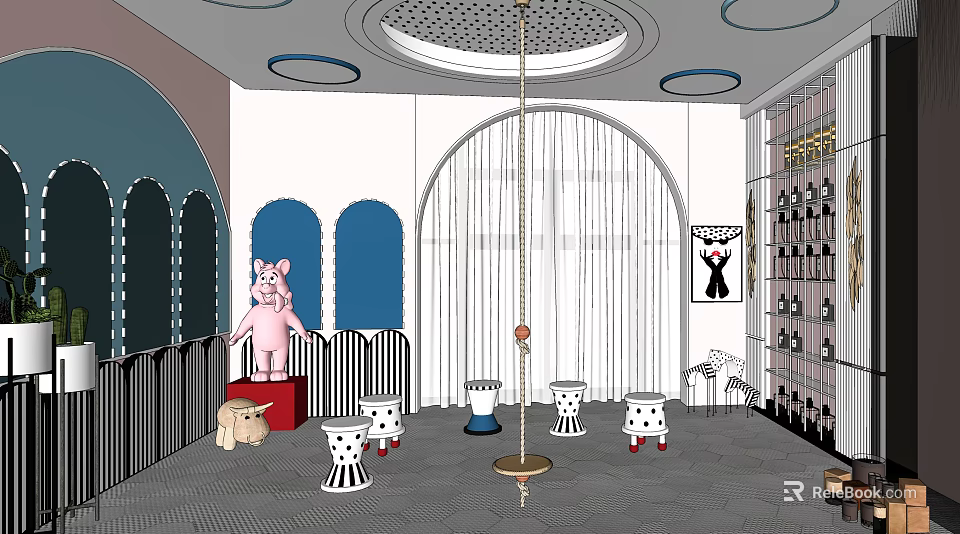 Specialty Store With Pink Cartoon Figure Red Pedestal Black White Striped Stools And Arched Curtains 3d model 
