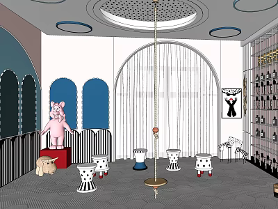 Specialty Store With Pink Cartoon Figure Red Pedestal Black White Striped Stools And Arched Curtains 3d model