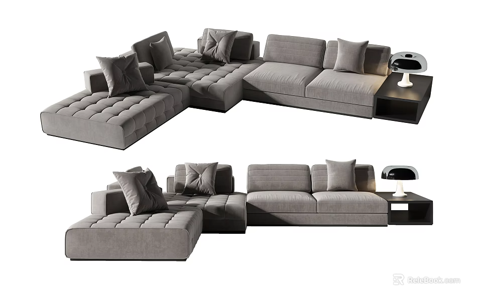 Modern Grey Sectional Sofa With Multiple Cushions And Side Table Lamp 3d model