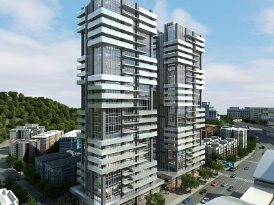 Aerial Planning of Urban High Rise Buildings with Surrounding Roads Trees and Cityscape 3d model