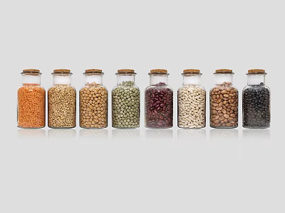 Transparent Glass Spice Jars with Cork Stoppers Holding Various Colored Legumes Neatly on Grey Background 3d model