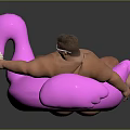 Man relaxing on pink flamingo inflatable float wearing sunglasses holding ice cream cone