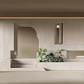 Modern Textured Beige Interior Background Wall With Archway Doorway Plants And Stairs