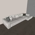 Stylish White Sectional Sofa With Gray Beige Throw Pillows On Herringbone Wooden Floor