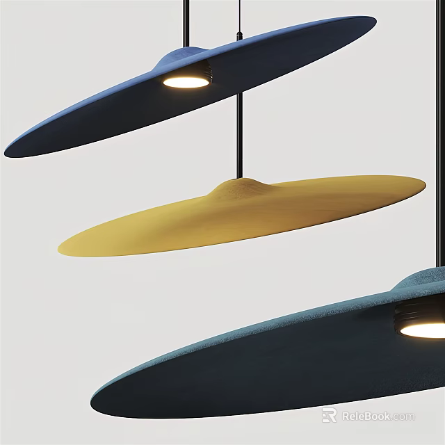 Modern Blue and Yellow Disc Shaped Pendant Lights Illuminated in Interior with Soft Glow 3d model 